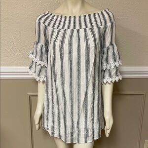 Altar'd State Off-Shoulder Blouse with Lace Trim - Black and White